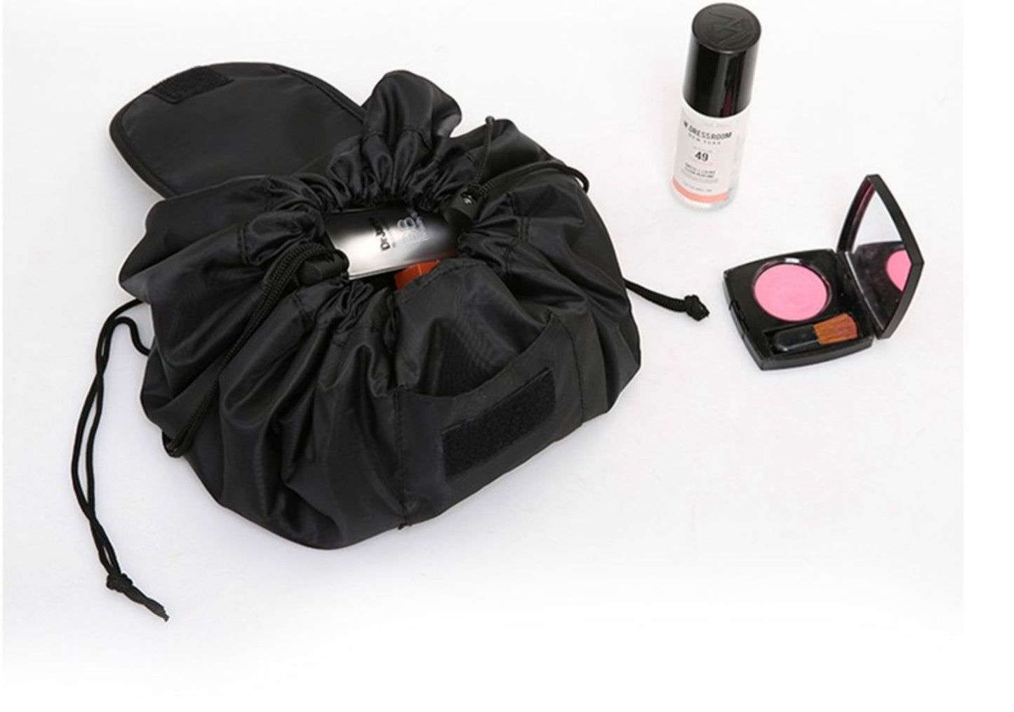 Black Drawstring Makeup Bag – Portable Travel Cosmetic Pouch for Daily Use & Storage