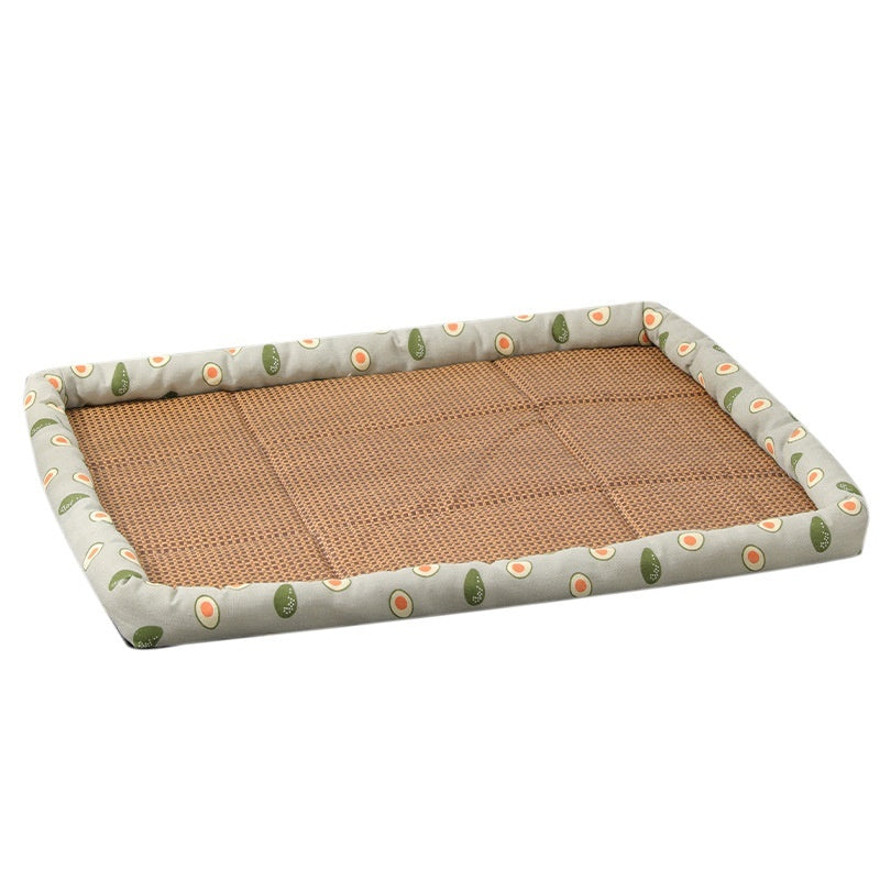 Flat view of self-cooling rattan pet mat with avocado-print padded border, suitable for cats and dogs in summer
