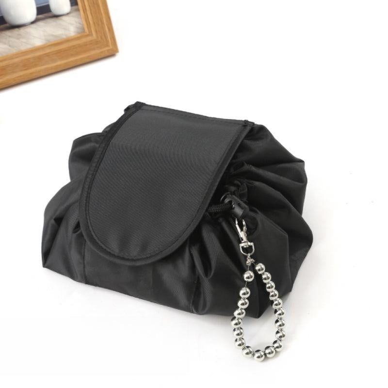 Black Drawstring Makeup Bag – Portable Travel Cosmetic Pouch for Daily Use & Storage