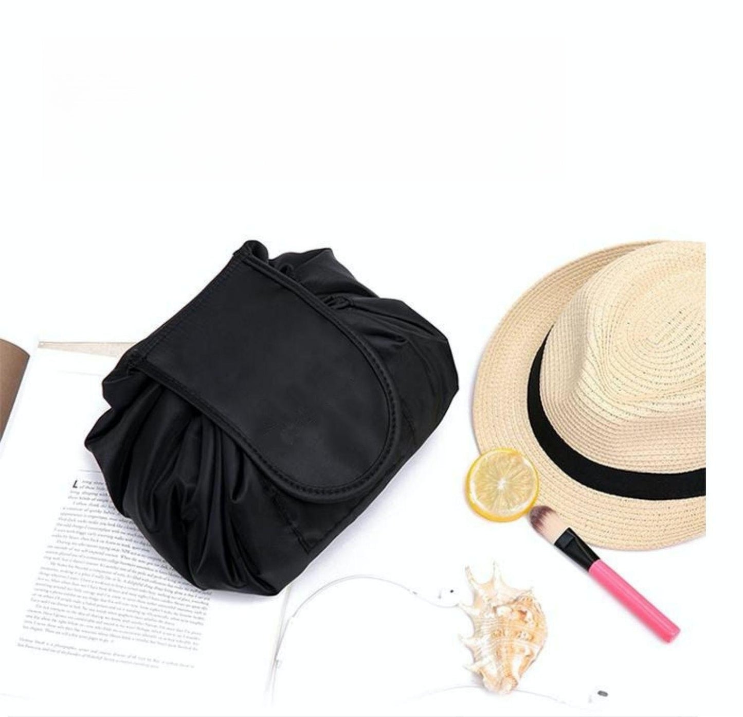 Black Drawstring Makeup Bag – Portable Travel Cosmetic Pouch for Daily Use & Storage