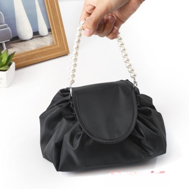 Black Drawstring Makeup Bag – Portable Travel Cosmetic Pouch for Daily Use & Storage