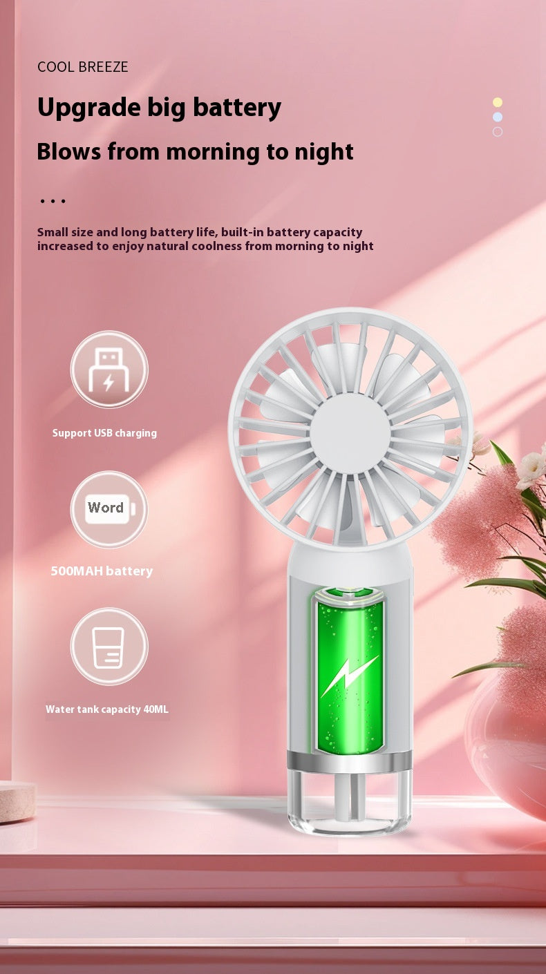 Mini Handheld USB Fan with Cooling Mist – Portable Rechargeable Spray Fan for Travel, Desk & Outdoor Use (Quiet & Compact)