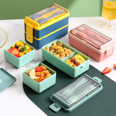 Double Layer Lunch Box | Leak-Proof, Stackable with Fork & Spoon - 1400ml